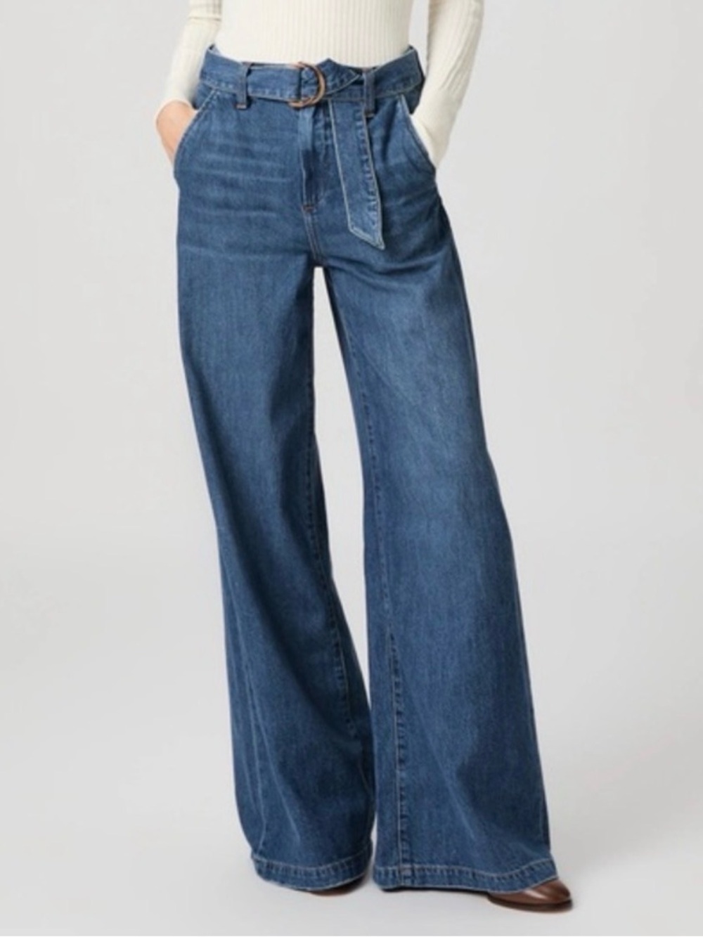 Paige Cameron altitude High-Waist Wide Leg Blue Denim Jeans Self-Tie Belt 31/33 - Picture 3 of 4